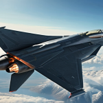 Futuristic AI fighter jet soaring through the sky, advanced technology, sleek design, aerial combat concept.