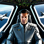 A professional adult pilot, male, in a modest, futuristic grey flight suit, seated in a highly advanced fighter jet cockpit. Holographic displays illuminate the cockpit, showing intricate data streams and tactical overlays of multiple autonomous companion drones flying in precise formation outside. The pilot maintains a focused, determined expression, observing the data. The exterior view through the canopy reveals a clear, vast sky with a sleek, modern fighter jet and several smaller, agile unmanned aerial vehicles (UAVs) maneuvering cohesively. The scene is depicted with professional photography quality, realistic lighting, and sharp detail. Fully clothed, appropriate attire, professional dress, safe for work, appropriate content, perfect anatomy, correct proportions, natural pose, well-formed hands, proper finger count, natural body proportions, family-friendly.