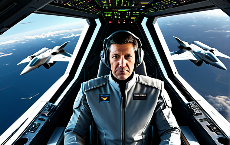 A professional adult pilot, male, in a modest, futuristic grey flight suit, seated in a highly advanced fighter jet cockpit. Holographic displays illuminate the cockpit, showing intricate data streams and tactical overlays of multiple autonomous companion drones flying in precise formation outside. The pilot maintains a focused, determined expression, observing the data. The exterior view through the canopy reveals a clear, vast sky with a sleek, modern fighter jet and several smaller, agile unmanned aerial vehicles (UAVs) maneuvering cohesively. The scene is depicted with professional photography quality, realistic lighting, and sharp detail. Fully clothed, appropriate attire, professional dress, safe for work, appropriate content, perfect anatomy, correct proportions, natural pose, well-formed hands, proper finger count, natural body proportions, family-friendly.
