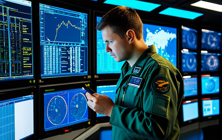 A highly skilled Air Force aircraft maintenance professional in a clean, modest military jumpsuit, meticulously analyzing complex diagnostic data on multiple large, glowing screens inside a futuristic, brightly lit aircraft maintenance control center. Advanced holographic displays show 3D models of aircraft components and real-time sensor readings. The technician is focused, with a serious but determined expression, surrounded by state-of-the-art equipment. The scene emphasizes precision, innovation, and digital expertise. The overall image quality is professional photography, safe for work, appropriate content, fully clothed, professional dress, family-friendly, perfect anatomy, correct proportions, natural pose, well-formed hands, proper finger count, natural body proportions, high resolution, cinematic lighting.