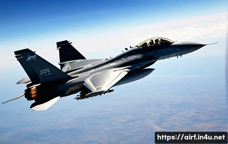 공군의 공중전 개념 - A dynamic aerial combat scene showing two advanced fighter jets, one resembling an F-15 and the othe...