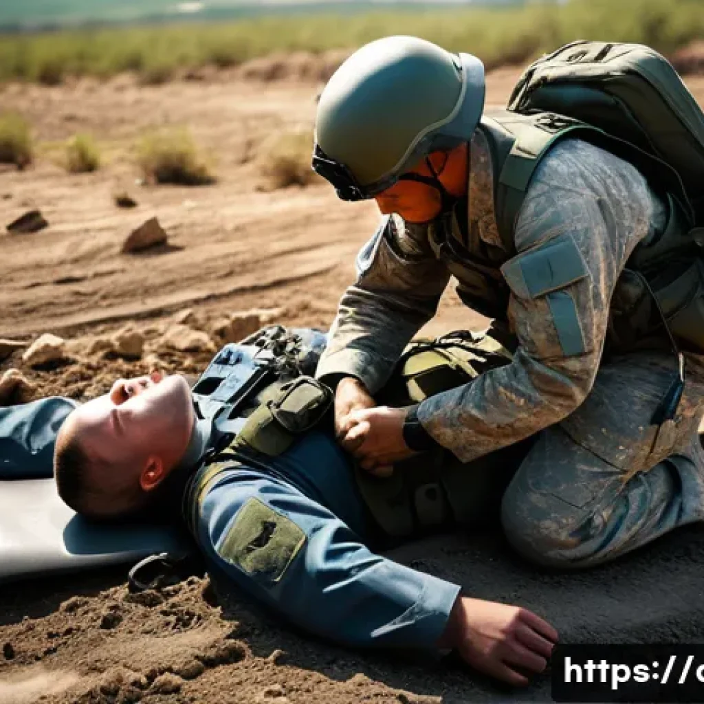 공군의 공군 의무병 역할 - A highly detailed scene of an Air Force medic performing emergency first aid on a wounded soldier du...