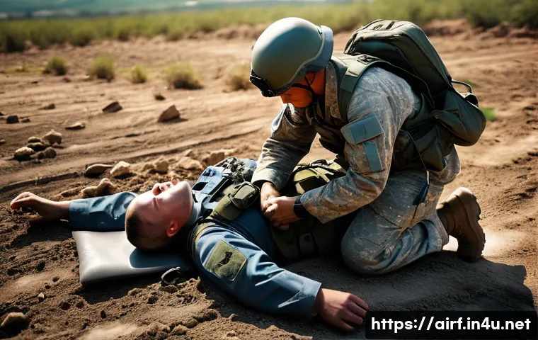 공군의 공군 의무병 역할 - A highly detailed scene of an Air Force medic performing emergency first aid on a wounded soldier du...