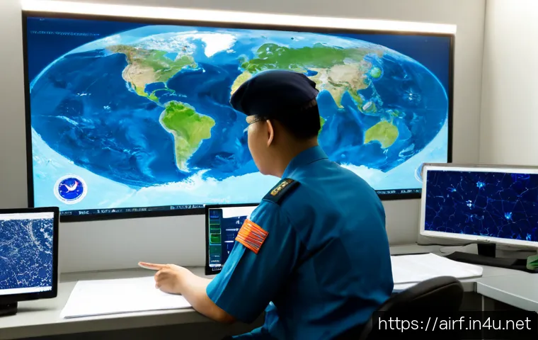 공군의 정찰 위성 활용 - Photorealistic modern air force satellite operations center, diverse uniformed analysts seated at cl...